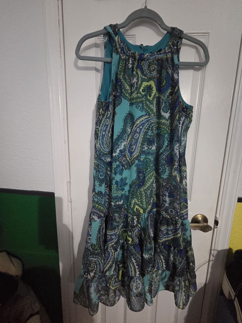 VTG J.B.S. Turquoise & Teal Paisley Halter Sleeveless Ruffle Hem Dress. Size 12